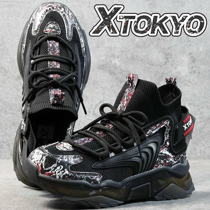 X TOKYO 厚底 スニーカー メンズ ニットスニーカー ソックススニーカー スリッポン ハイカット 靴 3651 ブラック 25.0cm / 新品
