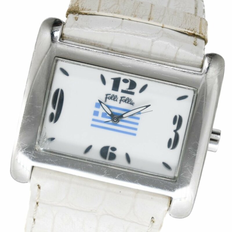 1円 Folli Follie フォリフォリ QZ ギリシャ 白文字盤 SS 皮ベルト スクエア クオーツ メンズ レディース 腕時計 ウォッチ 1122420231205
