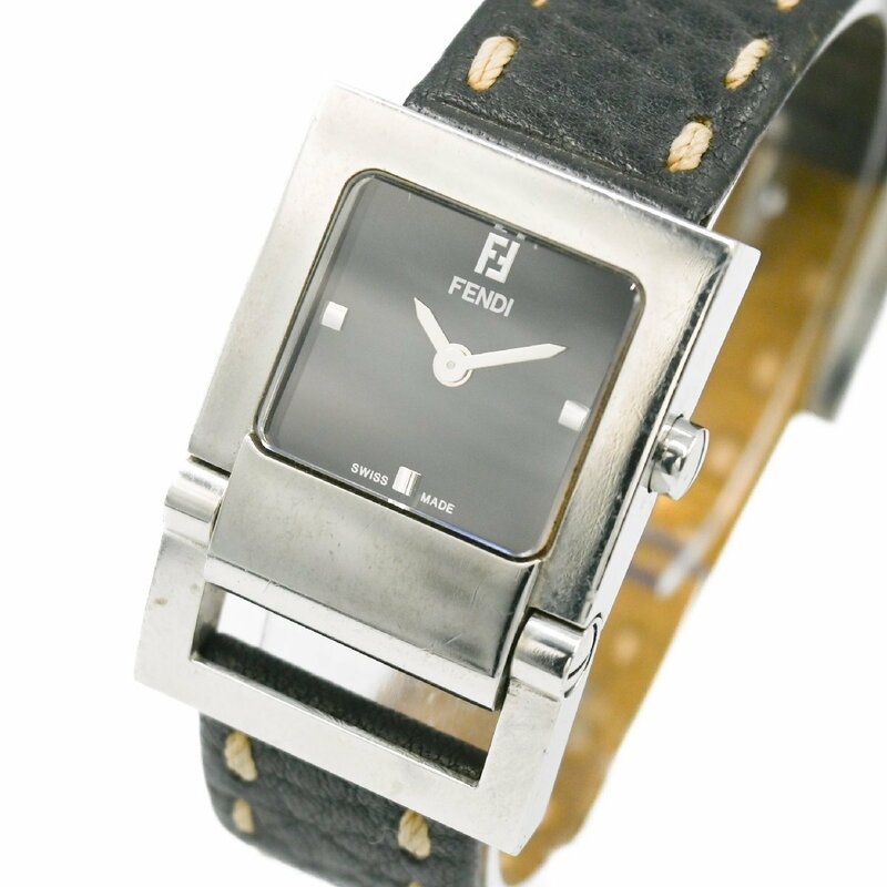 1円 稼働 FENDI フェンディ 5200L QZ クオーツ 黒文字盤 レディースウォッチ 腕時計 スクエア ブランド 革ベルト Watch 356520240514