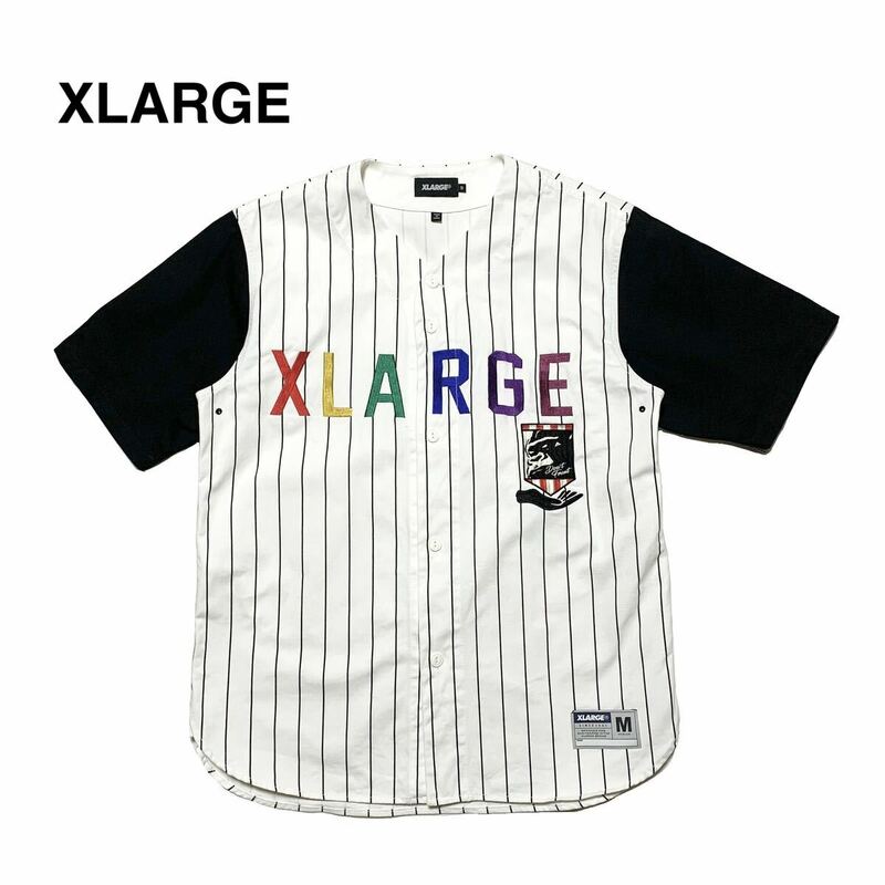 ☆美品 エクストララージ XLARGE 袖切替 ロゴ ストライプ ベースボール シャツ M 古着 ヒップホップ スケーター ストリート オーバーサイズ