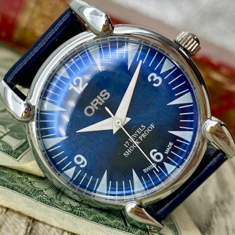 【レトロなデザイン】★送料無料★ オリス ORIS メンズ腕時計 ブルー シルバー 手巻き ヴィンテージ アンティーク