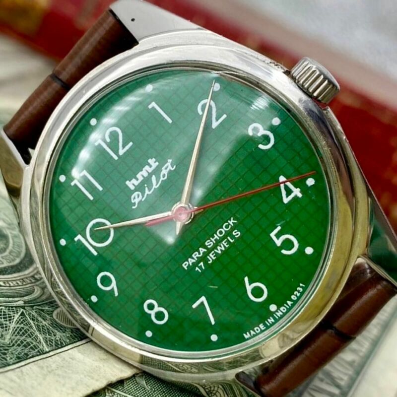 【レトロ可愛い】★送料無料★ HMT メンズ腕時計 グリーン シルバー 手巻き ヴィンテージ アンティーク