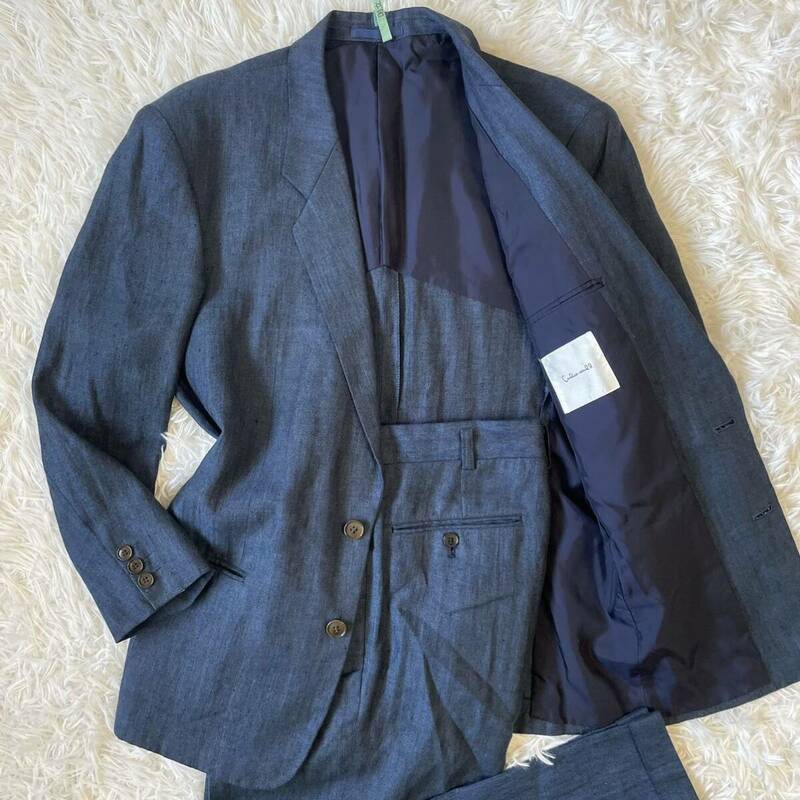 麻100%●セットアップ スーツ メンズ Sサイズ 2B ネイビー 濃紺 背抜き ビジネス リネン 麻 サマースーツ サマージャケット 日本製