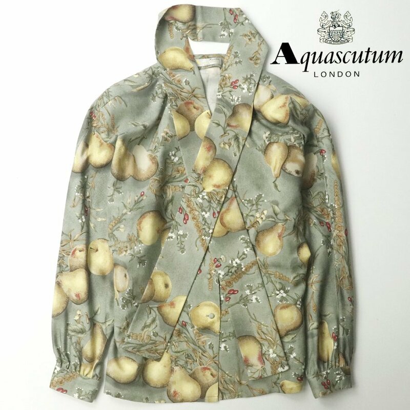 ★美品 レナウン Aquascutum アクアスキュータム シルクウール スカーフ付き フルーツ転写 ノーカラーシャツ 10(SP:L) モスグリーン