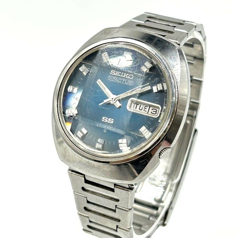 ◆ 稼動品 SEIKO セイコー５ ACTUS アクタス 23石 6106-7590 ブルー文字盤 自動巻き メンズ 腕時計 カットガラス ◆