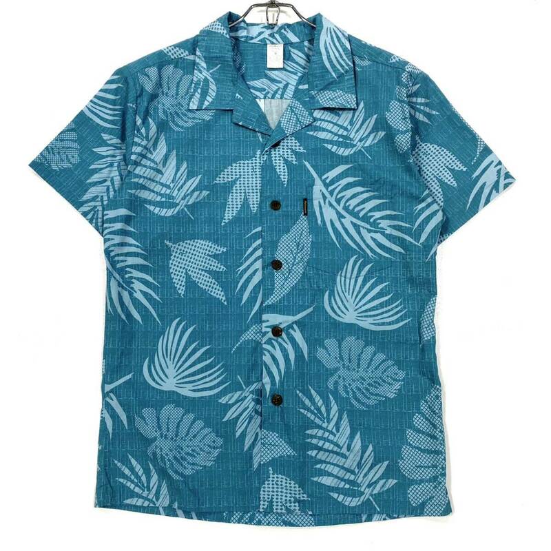 Palmwave Hawaii /アロハシャツ オープンカラー リーフ柄 ハワイアンシャツ メンズS ブルーグリーン系