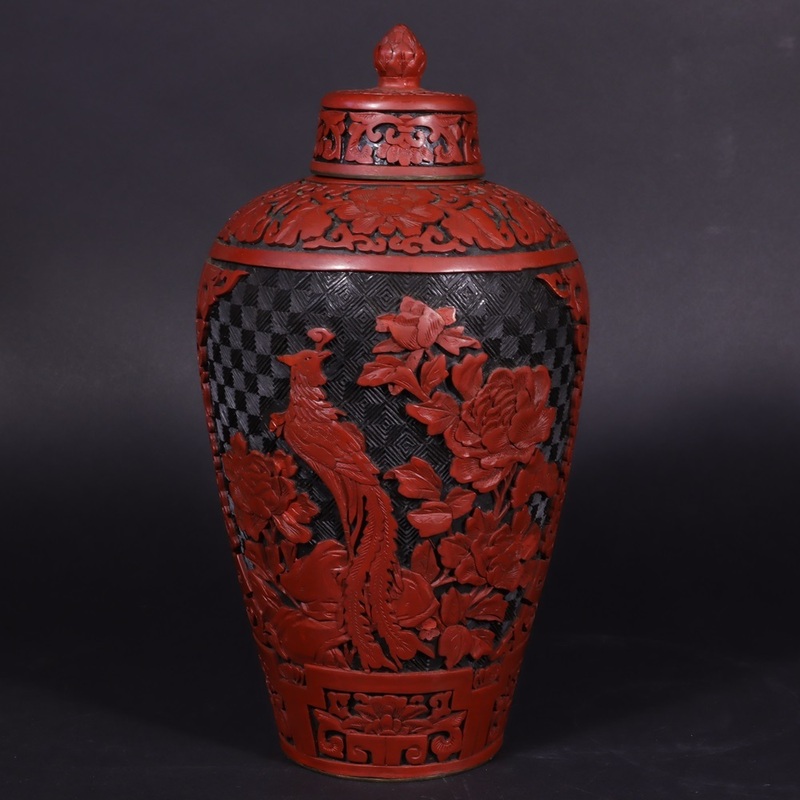中国 堆朱 飾壷 孔雀牡丹彫 蓋物 花瓶 唐物 古玩