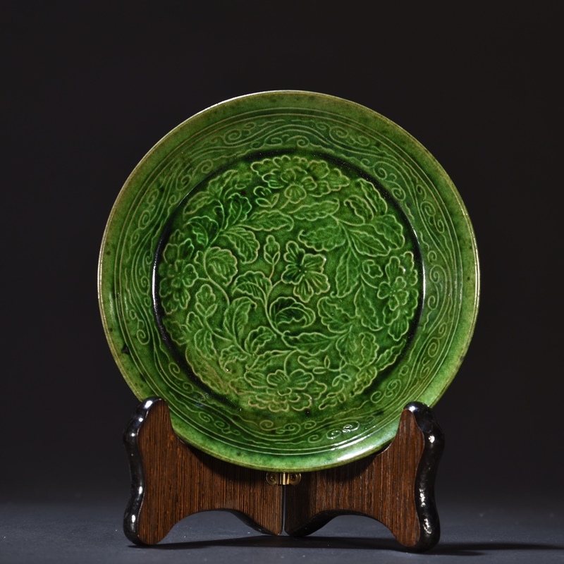  ▽鴻▽宋・古陶磁器・定窯緑釉花卉紋盤 時代物 中国古美術 骨董品