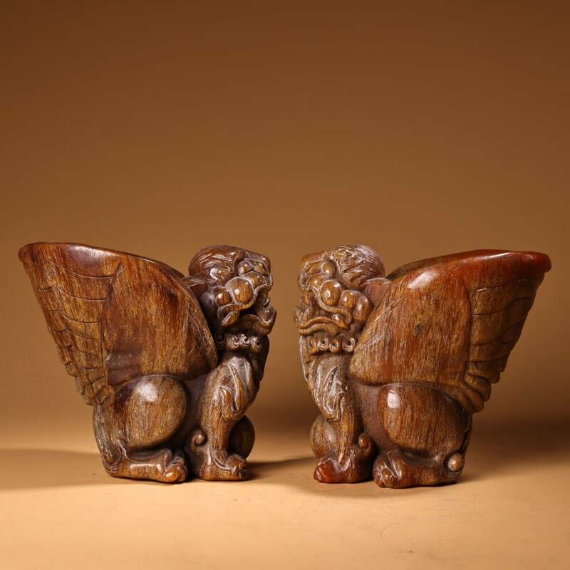  ▽鴻▽清・犀牛角彫・瑞獣酒杯一対・漆器箱付 時代物 中国古美術 骨董品