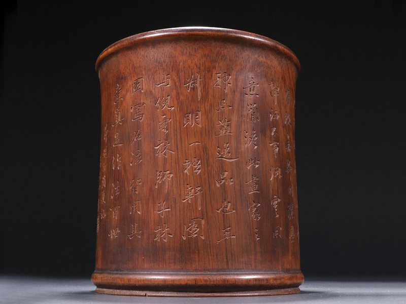  ▽鴻▽清・黄花梨木彫・漢詩紋筆筒 時代物 中国古美術 骨董品