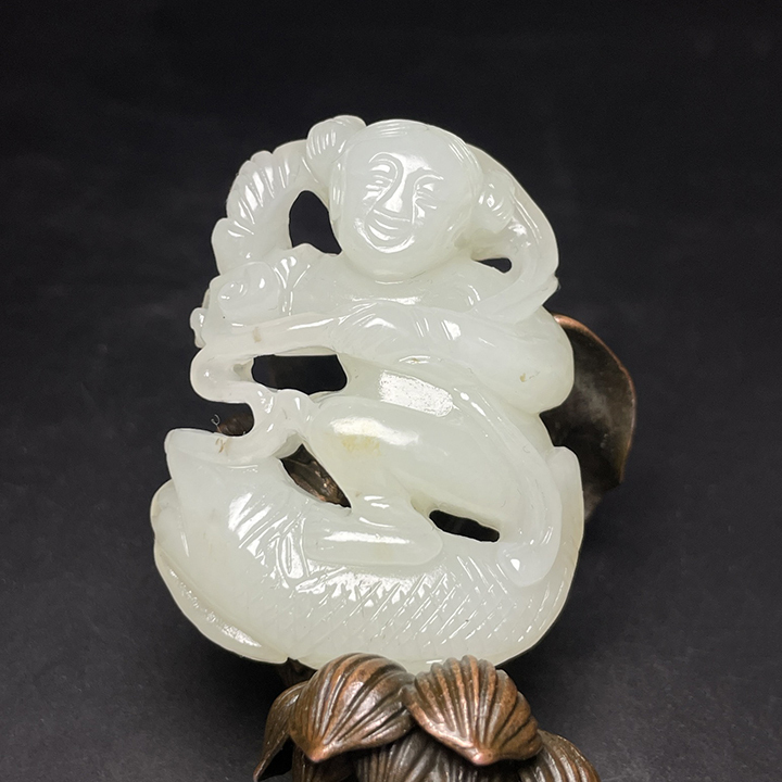  ▽鴻▽清・和田玉・白玉彫・童子戯魚彫り件 時代物 中国古美術 骨董品