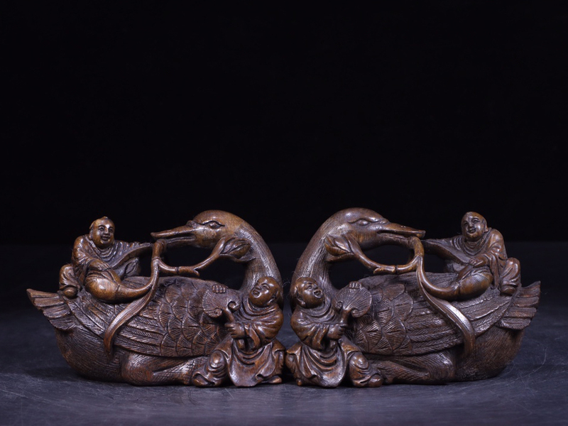  ▽鴻▽清・珍材彫・如意鵞鳥鎮紙置物一対・非常に良い香り 時代物 中国古美術 骨董品