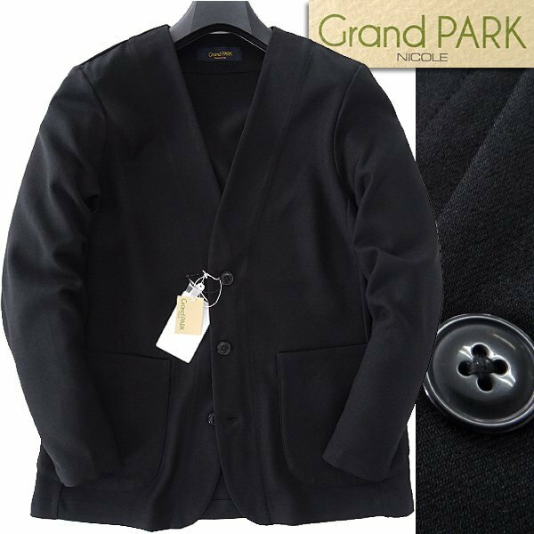 新品 Grand PARK ニコル ストレッチ ノーカラー ジャケット 46(M) 黒 【J59208】 NICOLE メンズ ブルゾン カジュアル ビジネス