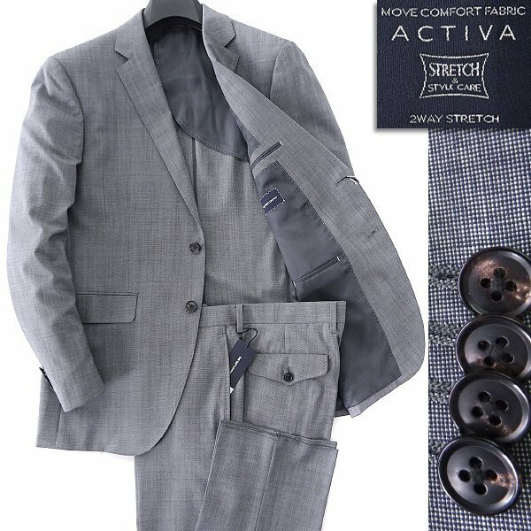 新品 スーツカンパニー ACTIVA ストレッチ 春夏 ピンヘッド スーツ AB5(やや幅広M) 灰 【J55273】 170-4D メンズ 洗濯可 軽量