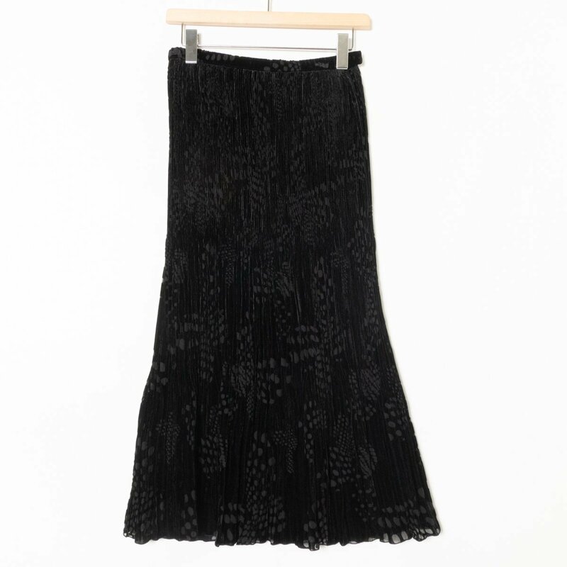 HANAE MORI ハナエモリ 日本製 ベロア プリーツスカート ボトムス Mサイズ レーヨン ブラック 黒 綺麗め エレガンス