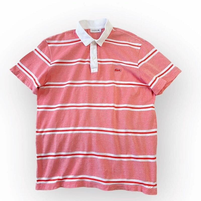 LACOSTE/ラコステ 半袖ポロシャツ ゴルフウェア ワッペン ボーダー 柔らかコットン オレンジピンク 白 メンズ5