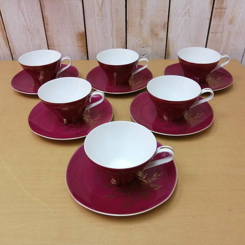 ◎24052202　日本陶器　オールドノリタケ　Noritake　ワインレッド　カップ＆ソーサー　6客セット　金彩　昭和レトロ　ヴィンテージ