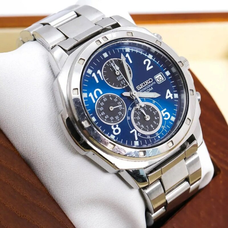 ◆稼働 SEIKO 腕時計 クロノグラフ ブルー メンズ デイト 新品電池 b