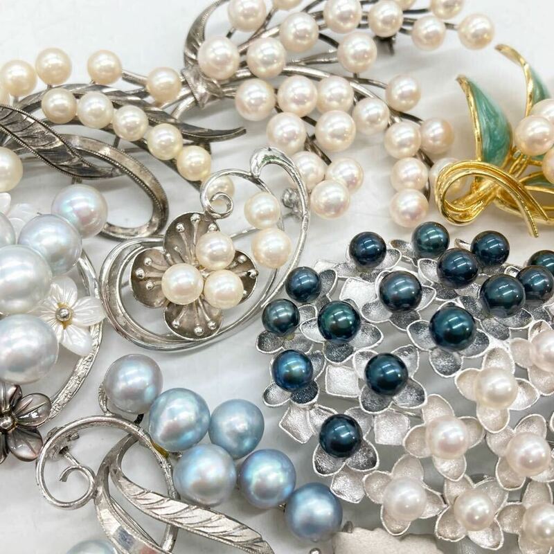 ■アコヤ本真珠ブローチ8点おまとめ■m約107.5g あこや 真珠 ブルー ベビー パール pearl broach jewelry silver DA0