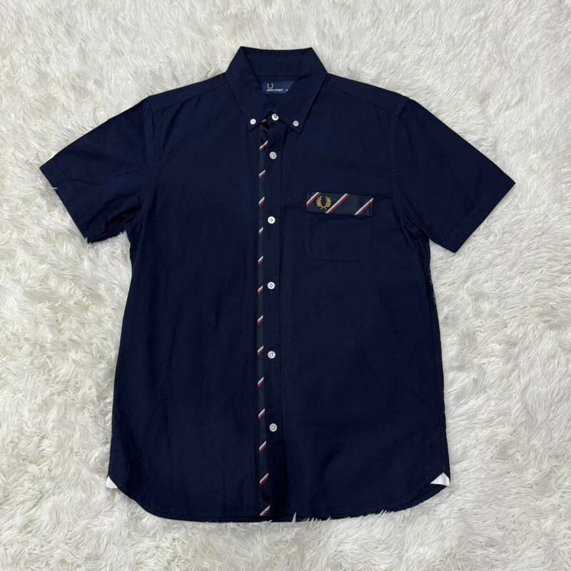 FRED PERRY フレッドペリー　半袖シャツ　紺　ネイビー ボタンダウン　Mサイズ　綿　コットン　半袖　シャツ