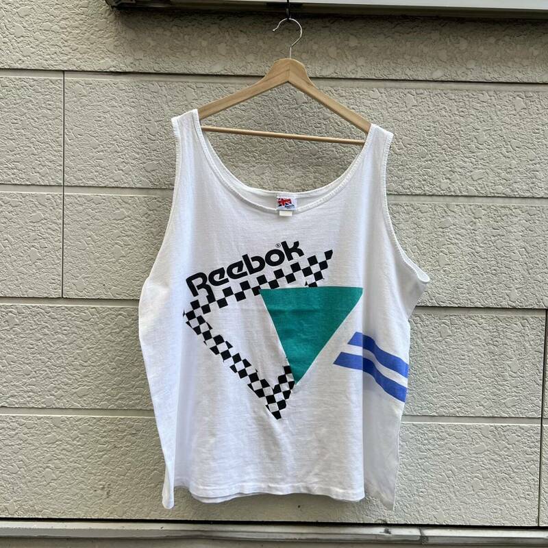 90s USA製 白 リーボック タンクトップ ビッグサイズ 両面プリント Reebok アメリカ製 古着 vintage ヴィンテージ シングルステッチ