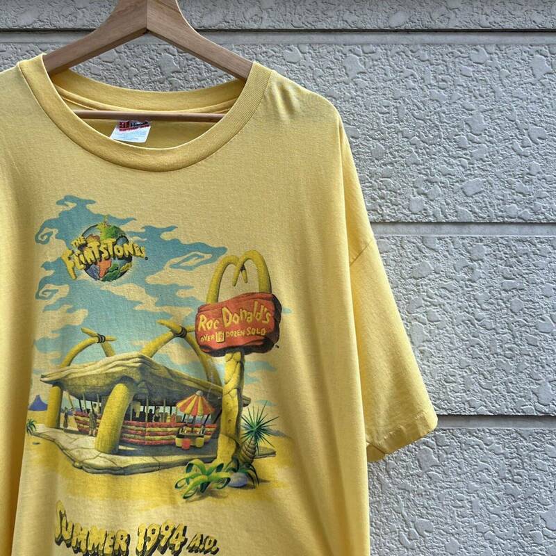 90s USA製 黄色 プリントTシャツ 半袖Tシャツ フリントストーン Hanes ヘインズ マクドナルド アメリカ製 古着 vintage ヴィンテージ XL