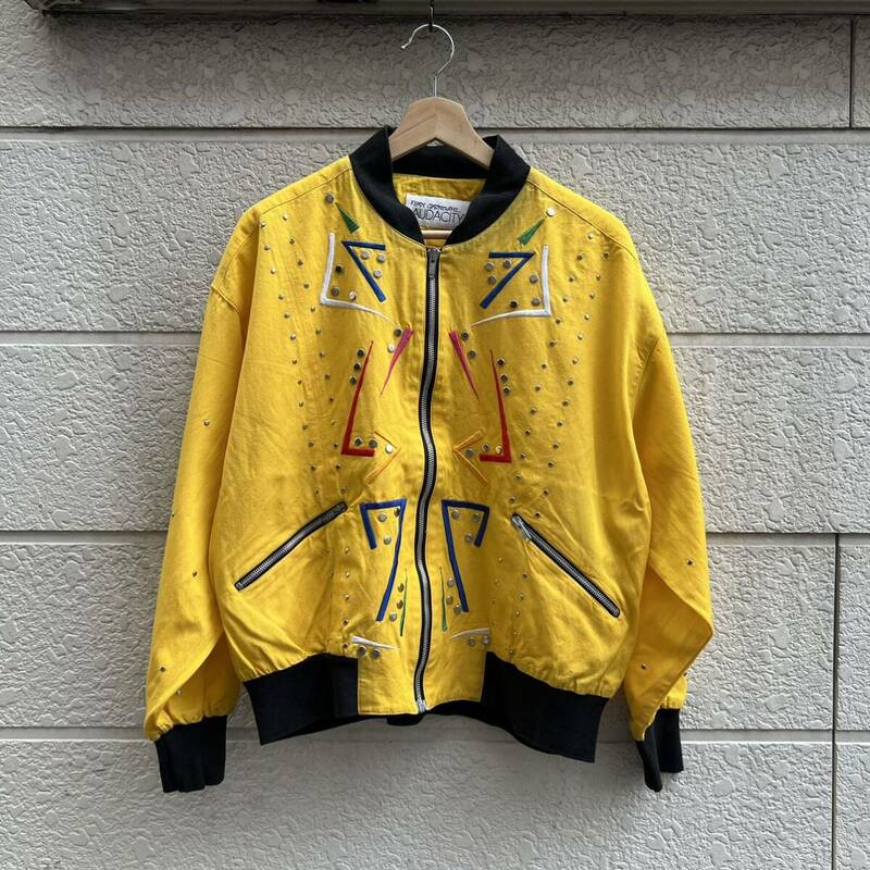 80s 90s USA古着 黄色 ジップアップ ジャケット デザインジャケット 刺繍 AUDACITY IDEAL ジップ アメリカ古着 vintage ヴィンテージ S