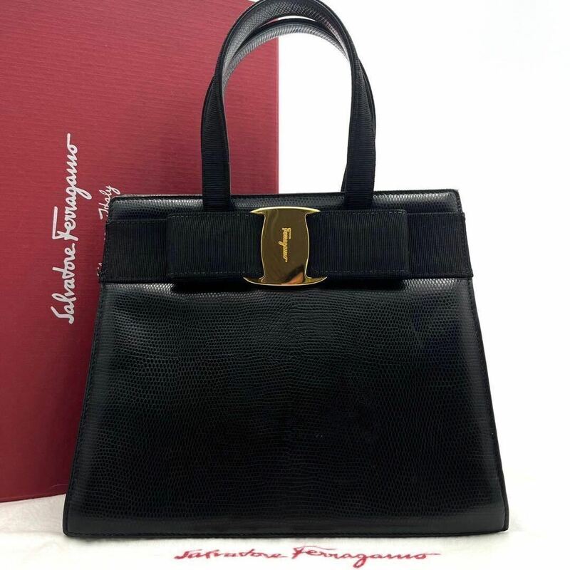 1円/良品● Salvatore Ferragamo フェラガモ ハンドバッグ 手提げ ヴァラ リボン ロゴ金具 リザード 黒 ブラック レザー