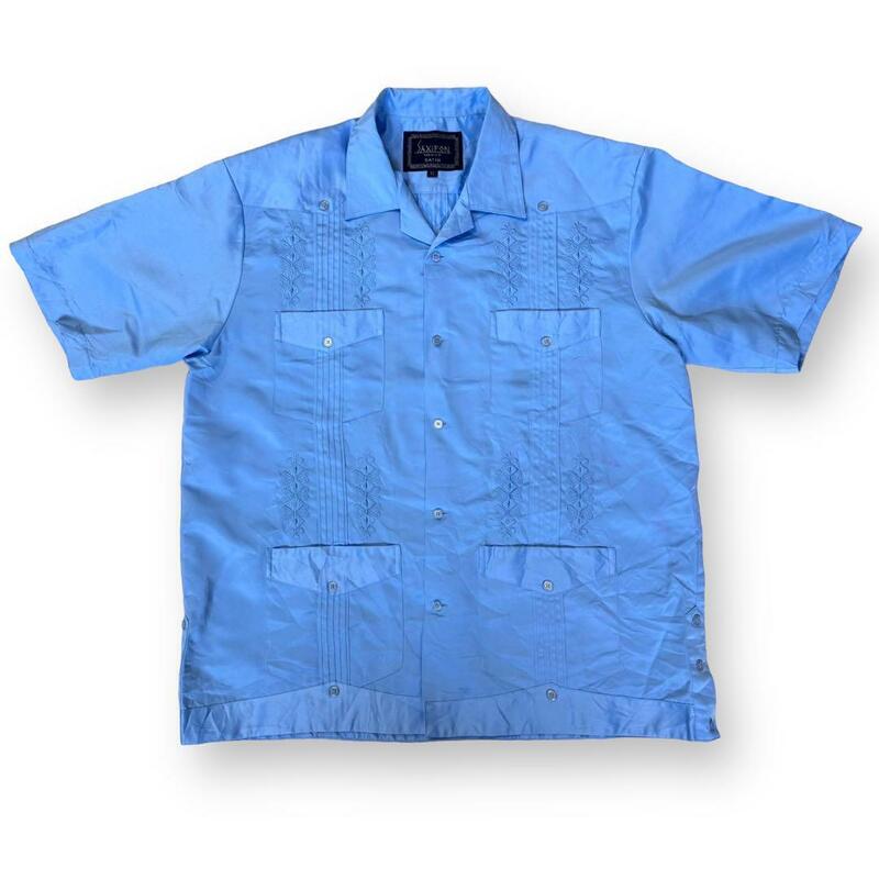 90s キューバシャツ 刺繍 4つポケット 刺繍 オープンカラー 開襟 水色