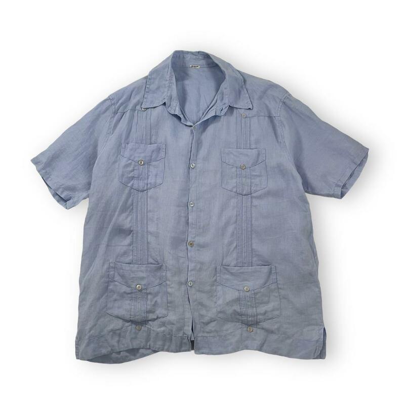 古着 キューバシャツ 水色 リネン 半袖 4つポケット 開襟 オープンカラー