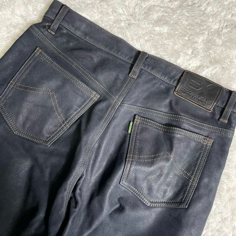 極美品/希少XL◎クシタニ エクスプローラージーンズ KUSHITANI EXPLORER JEANS レザー 牛革 デニム パンツ ジーパン バイク メンズ 34 濃紺