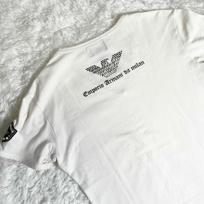 極美品◎エンポリオアルマーニ イーグルロゴ エンブレム ラインストーン Tシャツ 半袖 カットソー ホワイト 白 トップス EMPORIO ARMANI M