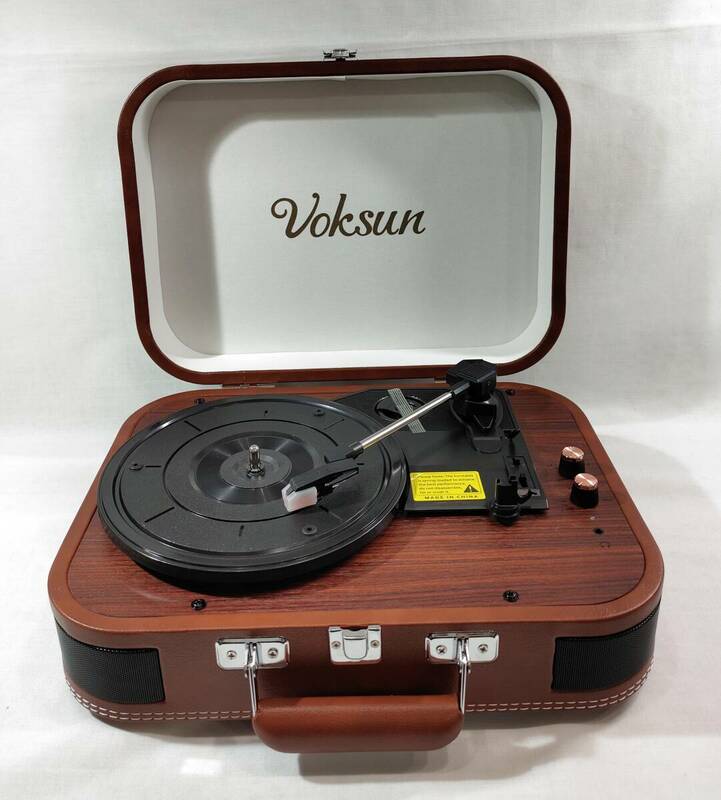 【1円出品】VOKSUN レコードプレーヤー AUX RCA 端子 33/45/78回転対応 スピーカー内蔵 Bluetooth スーツケース型 レトロ ブラウン S300