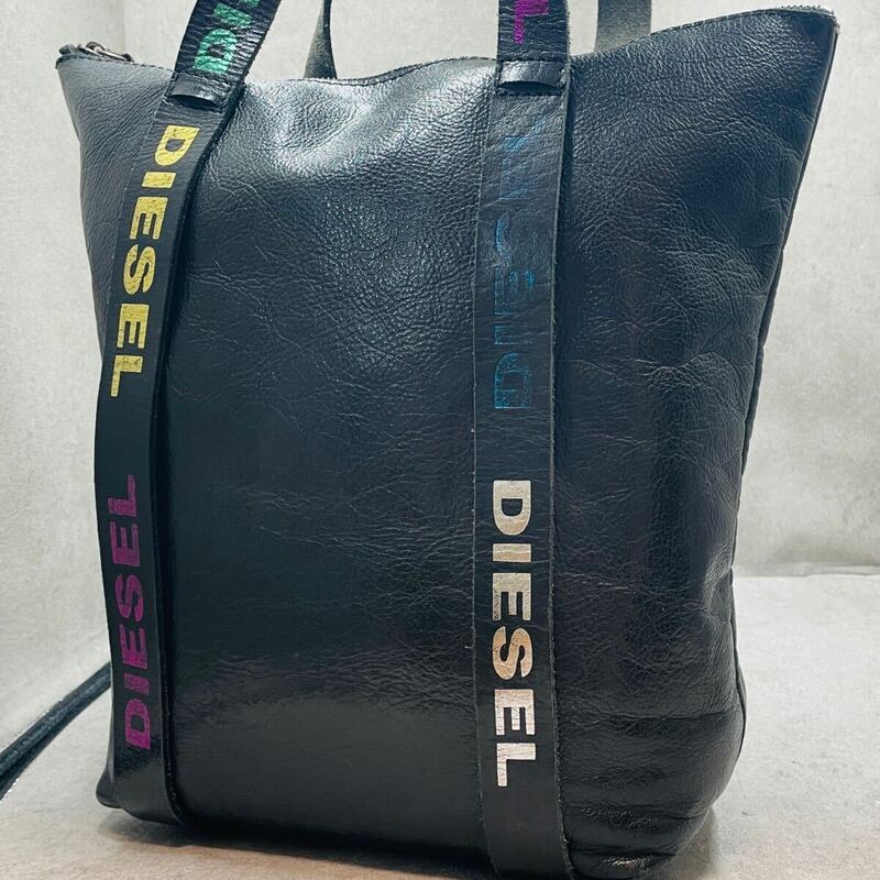 美品●DIESEL ディーゼル メンズ ビジネス トートバッグ ハンド 大容量 肩掛け レザー 本革 ブラック レインボー 仕事 通勤 書類鞄 かばん