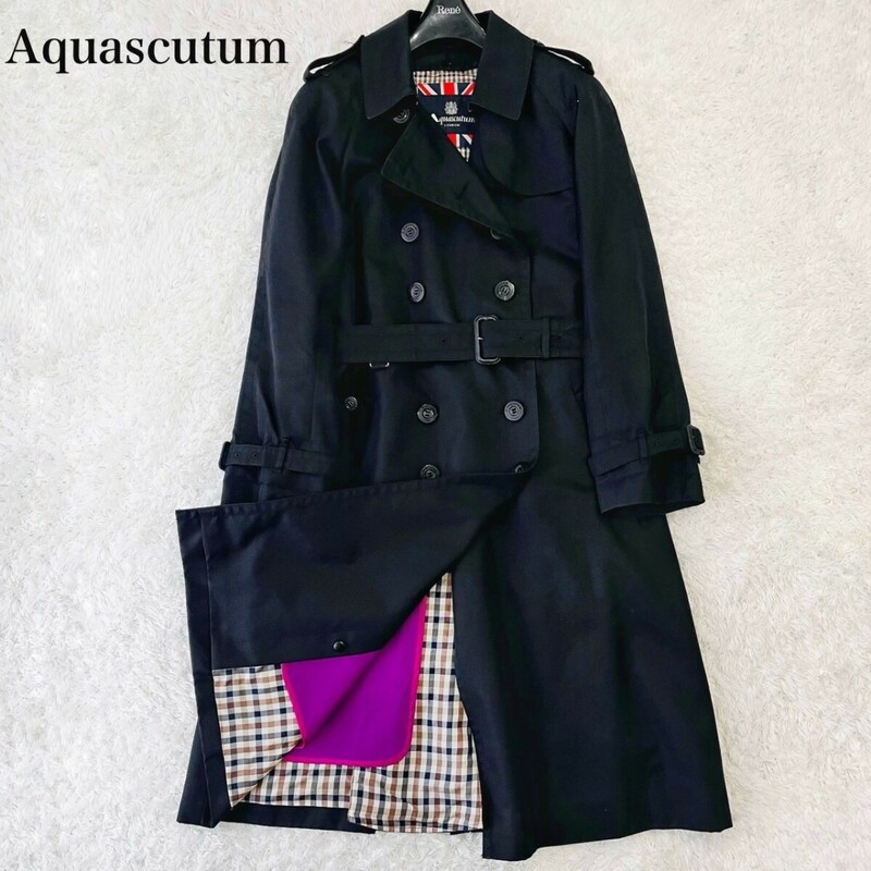 極美品 Aquascutum アクアスキュータム トレンチコート ロング ベルト ダブル ロゴボタン D管 ライナー コットン 99番 クラブチェック L 黒