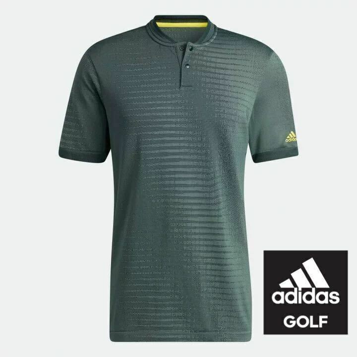 M 新品定価9900円　アディダス adidas ゴルフ サイドシームレス 半袖ボタンスタンドカラーシャツ メンズ ポロシャツ 緑 グリーン 