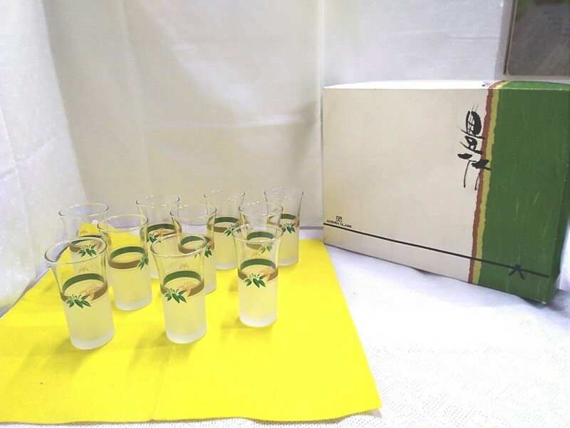 g_t X205 昭和レトロ　ADERIA GLASS アデリアグラス　ミニグラス　冷酒グラス　10点セット 箱入り　★高さ:約10cm×口径:約5cm