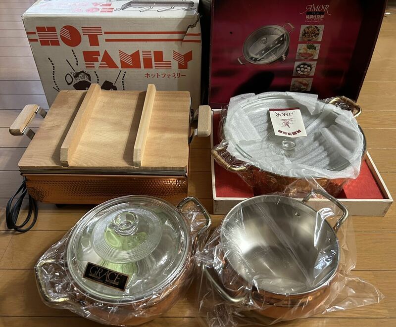 角型おでん鍋、純銅浅型鍋、純銅両手鍋2点
