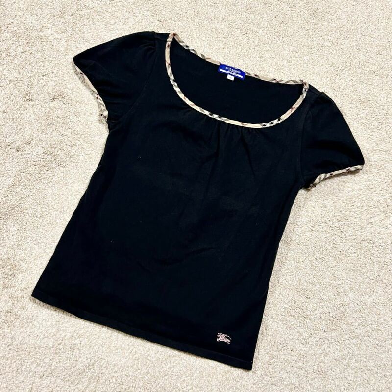 バーバリーブルーレーベル BURBERRY BLUE LABEL カットソー ブラック黒 ノバチェック ワンポイントホースロゴ 半袖Tシャツ 38 Mサイズ