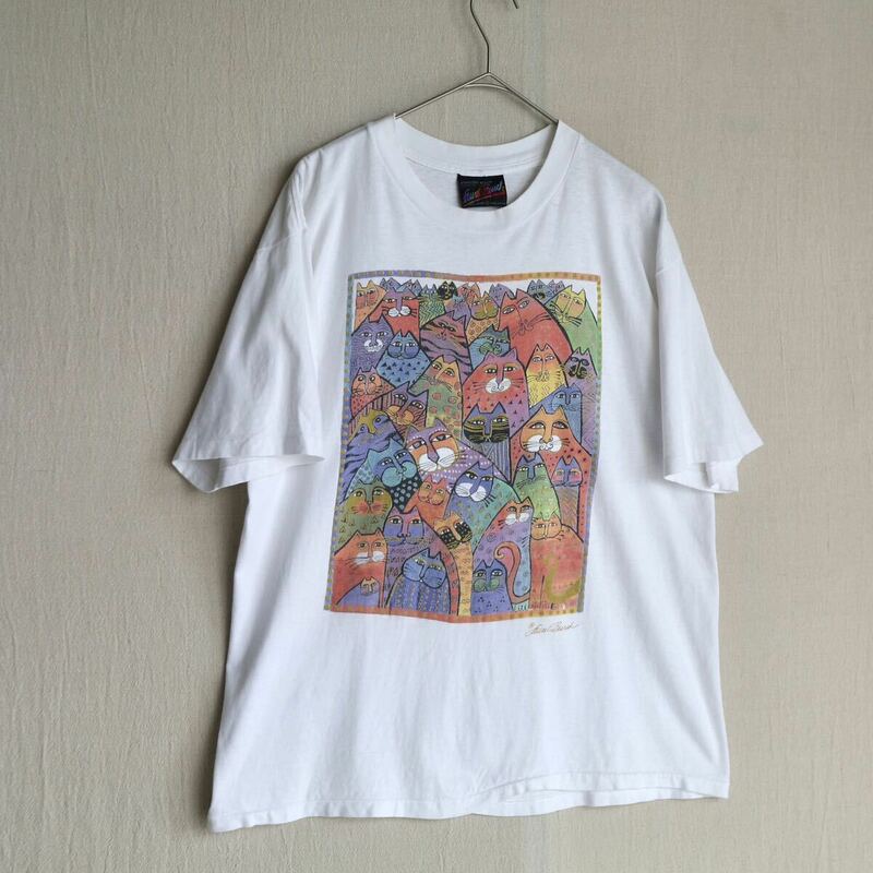 USA製 80s 90s Vintage Tシャツ / L コットン ホワイト プリント イラスト 動物 猫 アート 半袖 ビンテージ T4-05168-9437