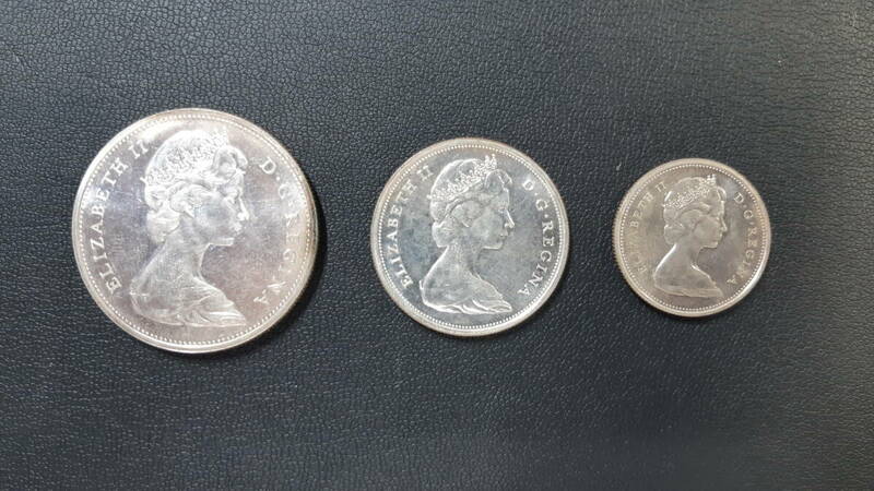 カナダ　銀貨　3個まとめ　1965年　DOLLAR　50CENTS　25CENTS　6225