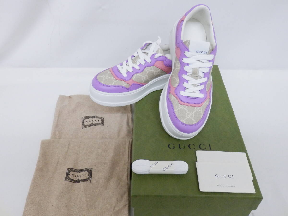 172H211E♪ ★未開封★ GUCCI スニーカー モノグラム 670408 サイズ：36 1/2 ピンクｘパープル 保存袋 箱付き 