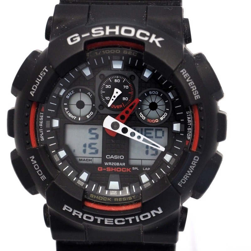 Th959605 カシオ G-SHOCK 腕時計 アナログデジタル GA-100 ブラック系文字盤 クォーツ ブラック×レッド系 メンズ CASIO 良好・中古