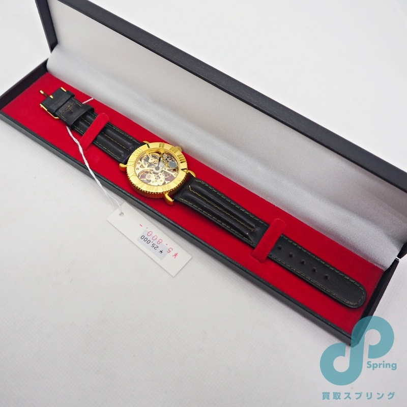 未使用品 腕時計 機械式 手巻き メンズ スケルトン ノーブランド 稼働品 60サイズ 金色 黒革