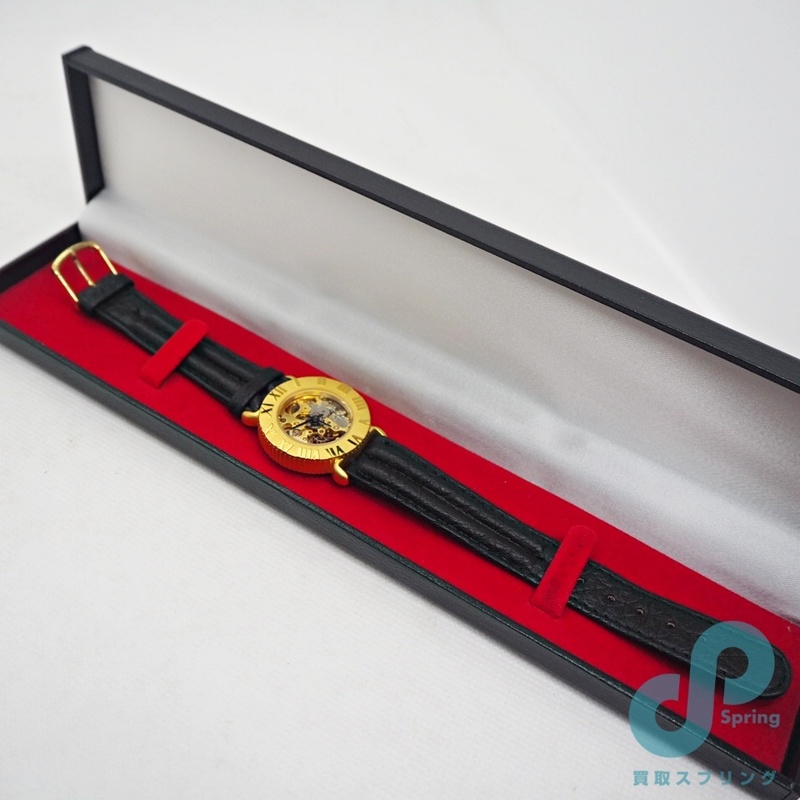 未使用品 腕時計 機械式 手巻き レディース スケルトン ノーブランド 稼働品 60サイズ 金色 黒革