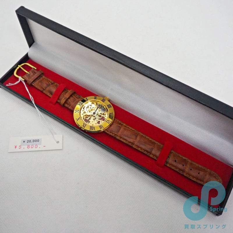 未使用品 腕時計 機械式 手巻き メンズ スケルトン ノーブランド 稼働品 60サイズ 金色 茶革
