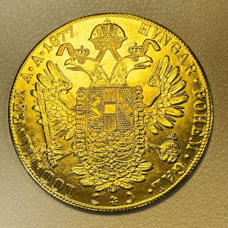 オーストリア帝国 硬貨 古銭 フランツ・ヨーゼフ 1 世 1877年 クラウン 国章 紋章 双頭の鷲 4ダカット コイン 重15.09g