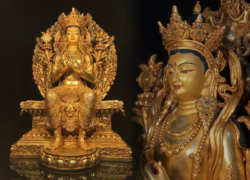 【清】某有名収集家買取品 西蔵・チベット伝来・時代物 銅金 弥勒菩薩造像 金水厚重 極細工 密教古美術