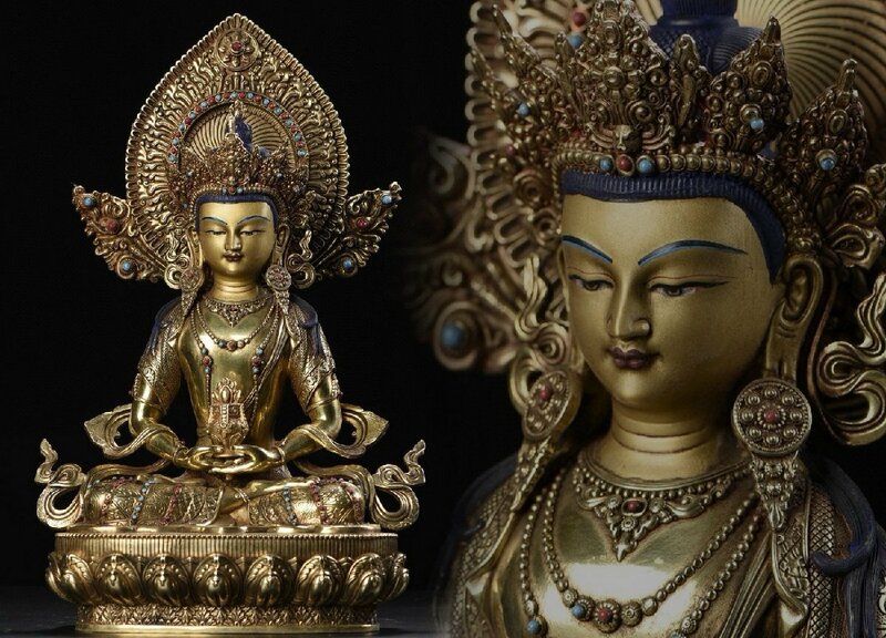 【清】某有名収集家買取品 西蔵・チベット伝来・時代物 銅金 無量寿仏造像 極細工 密教古美術