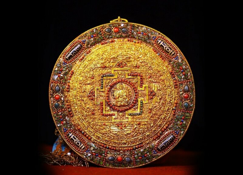 【清】某有名収集家買取品 西蔵・チベット伝来・時代物 蔵銀 象嵌寶石タンカ 極細工 密教古美術